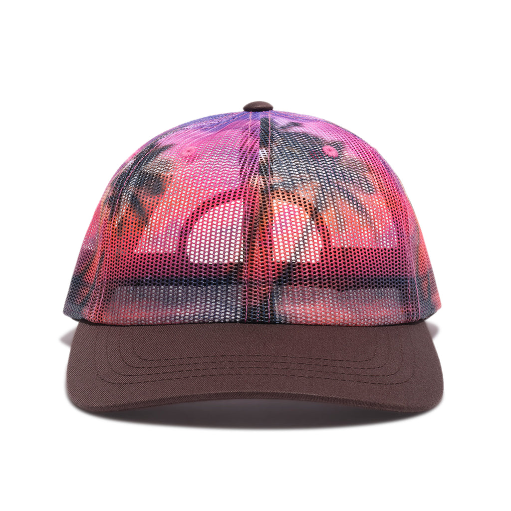 A comfortable STANCE STANDARD ADJUSTABLE MESH CAP TROPICAL with a palm tree print on it.