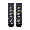 A pair of STANCE SOCKS POP END NAVY LARGE with a colorful floral pattern, including white, yellow, and green shapes, displayed side by side. These cotton crew socks from STANCE also feature arch support for enhanced comfort.