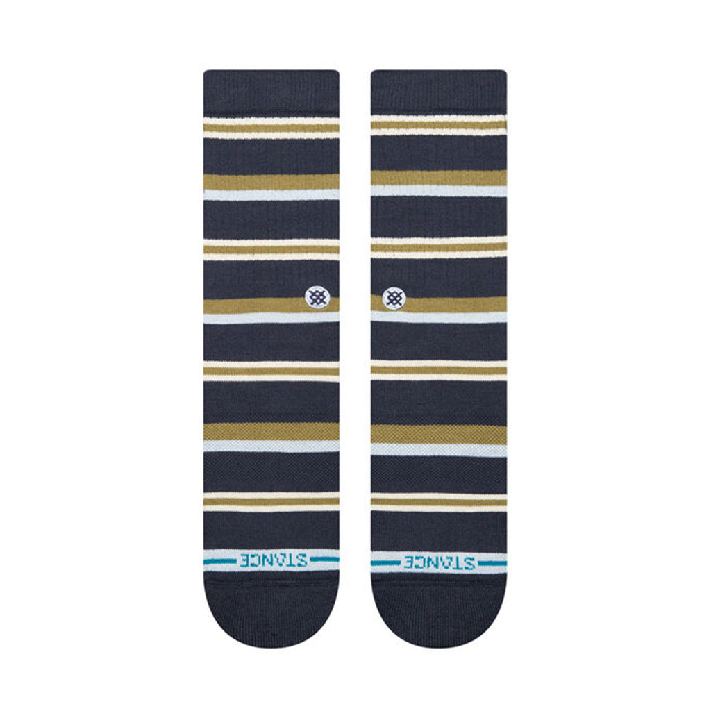 Two navy blue socks with horizontal stripes in olive green, white, navy, and iconic ice blue. The word "STANCE" is near the toes, highlighting the quality of these STANCE STANCE SOCKS HUDSON NAVY LARGE made from a comfortable cotton blend.