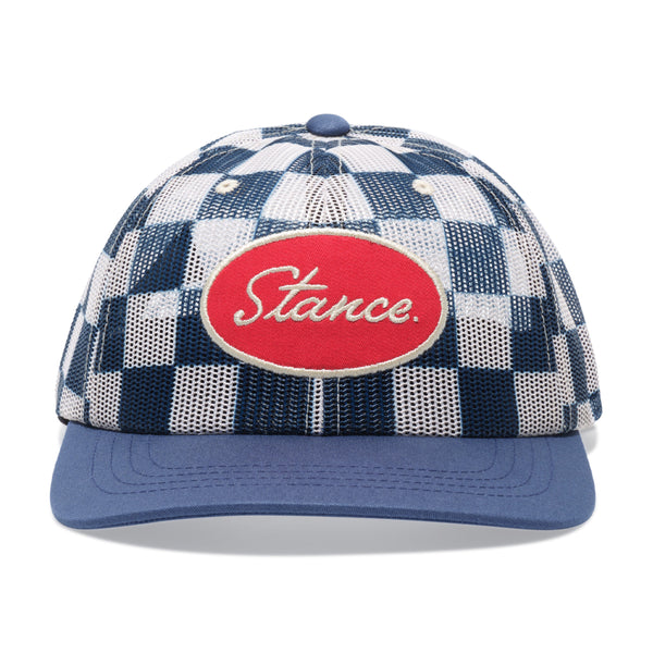 A blue and white plaid Stance Standard Adjustable Mesh Cap Checker with the word "Stance" embroidered in red on the front.