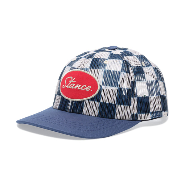 Blue and white checkered Stance standard adjustable mesh cap with a red and white "Stance" logo on the front, isolated on a white background.