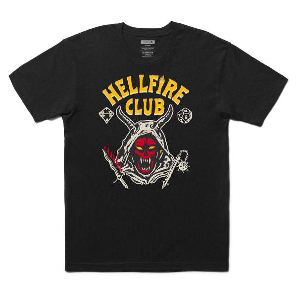 STANCE X STRANGER THINGS HELL FIRE TEE BLACK with "Hellfire Club" text and a graphic of a skull, crossed bones, a sword, and dice on a combed cotton blend fabric.