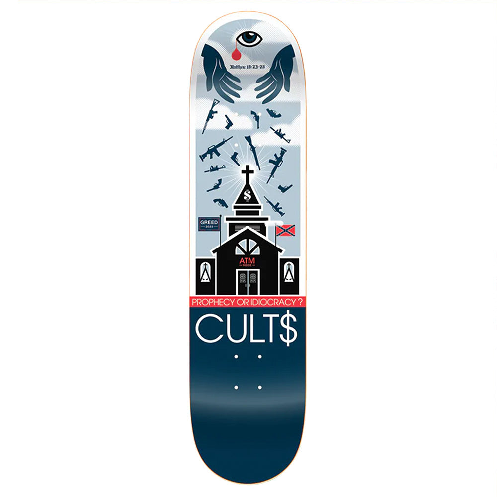 The STRANGELOVE DON PENDLETON CULTS skateboard deck features a unique screen-printed design with Don Pendleton's artwork of a church, weapons, planes, hands, an eye, and bold “PROPHECY OR IDIOCRACY?” and “CULT$” text.