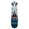 The STRANGELOVE DON PENDLETON CULTS skateboard deck features a unique screen-printed design with Don Pendleton's artwork of a church, weapons, planes, hands, an eye, and bold “PROPHECY OR IDIOCRACY?” and “CULT$” text.