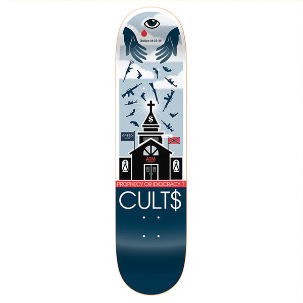 The STRANGELOVE DON PENDLETON CULTS skateboard deck features a unique screen-printed design with Don Pendleton's artwork of a church, weapons, planes, hands, an eye, and bold “PROPHECY OR IDIOCRACY?” and “CULT$” text.