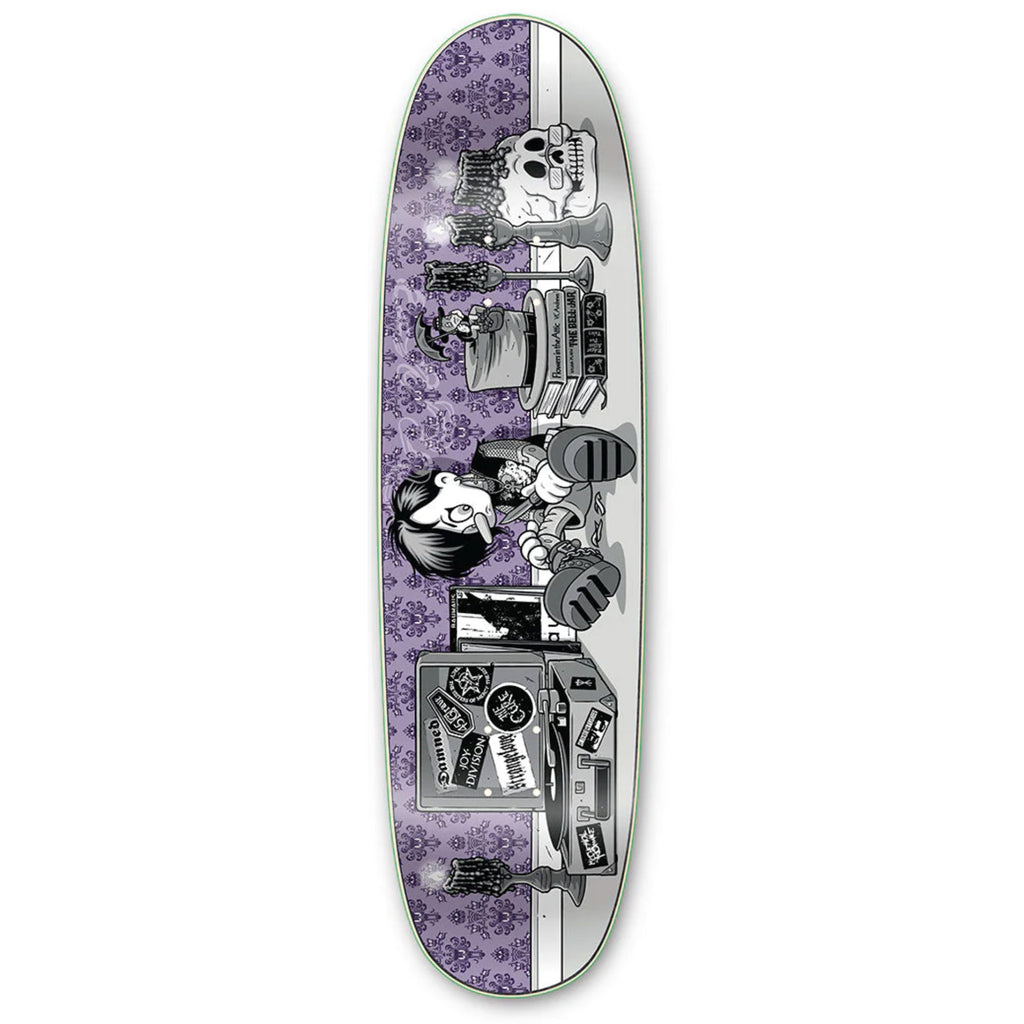 A skateboard with a STRANGE LOVE GOTH PUPPET / GLOW IN THE DARK image of a woman, featuring STRANGELOVE Artwork.