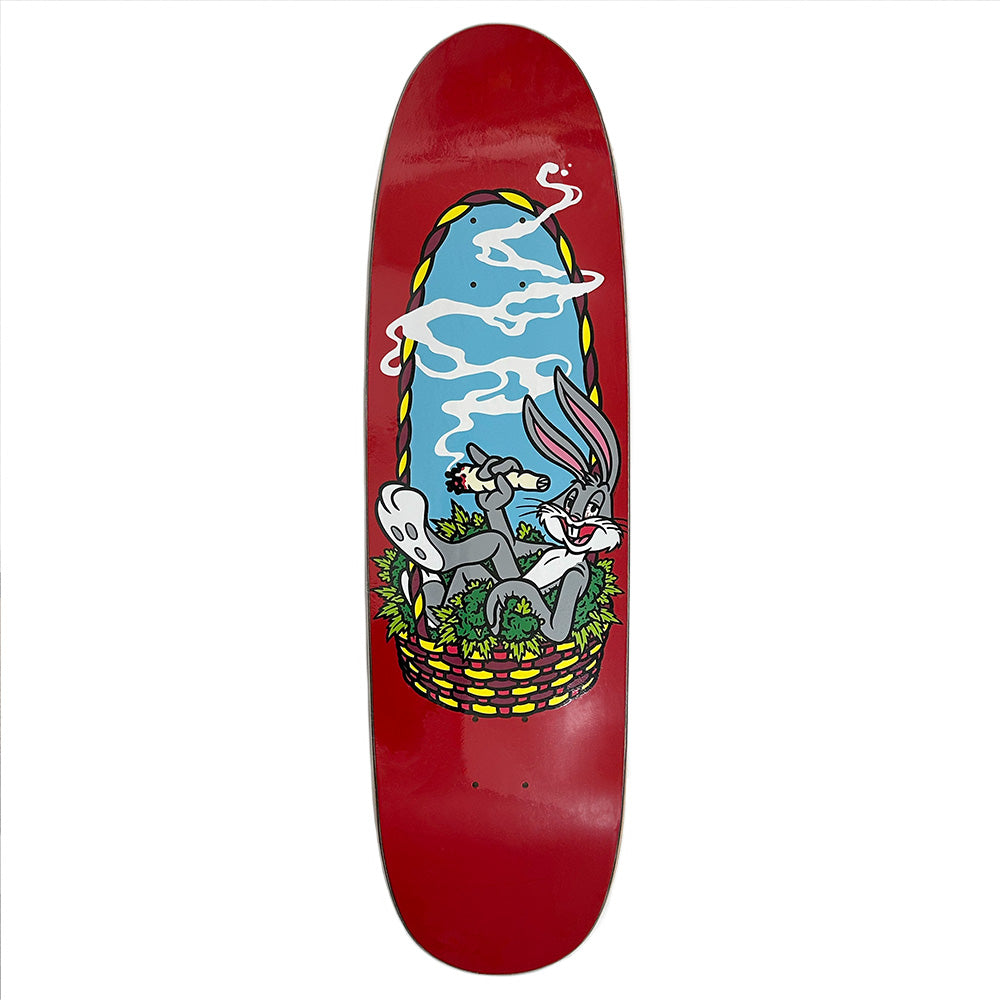 The STRANGELOVE 4/20 BRATRUD NUGGZ RED skateboard deck features Bugs Bunny lounging in a basket among clouds and greenery, with artwork by Todd Bratrud.