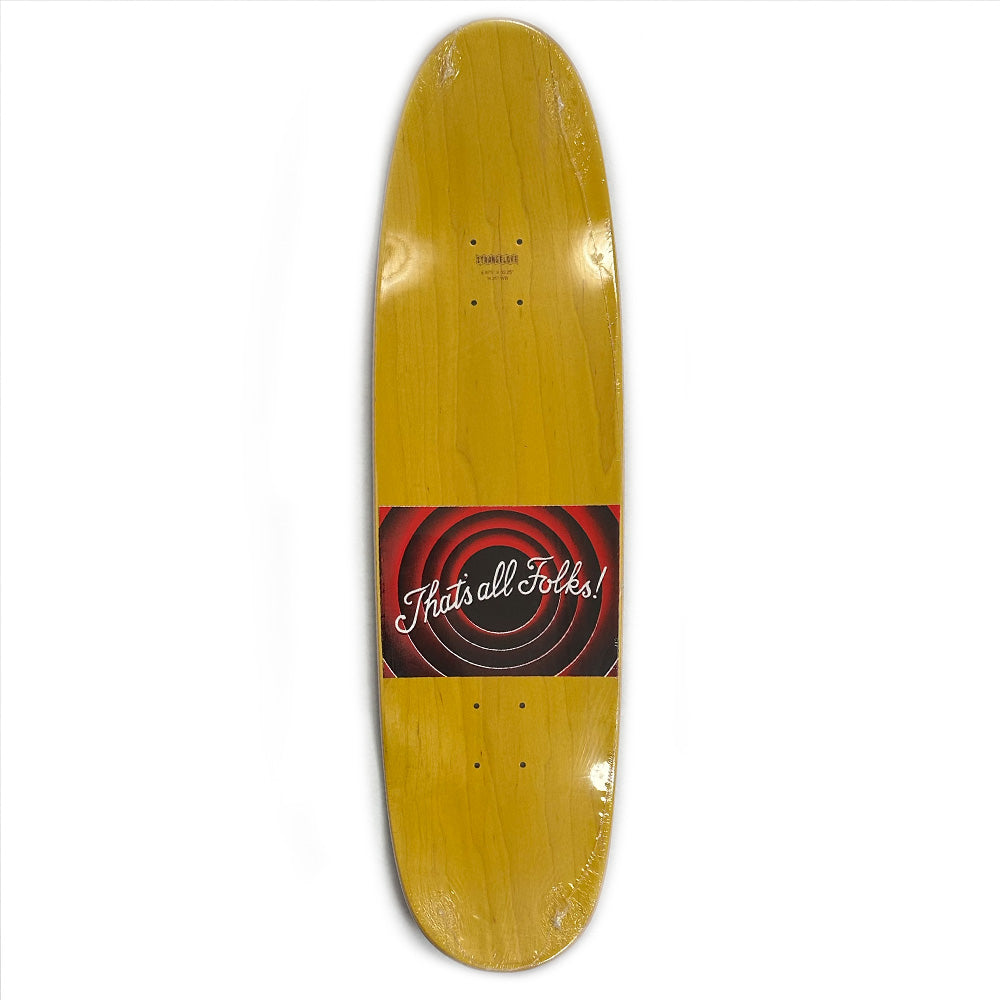 The STRANGELOVE 4/20 BRATRUD NUGGZ RED skateboard deck features unique STRANGELOVE artwork with a "That's all Folks!" graphic over a red and black spiral pattern.