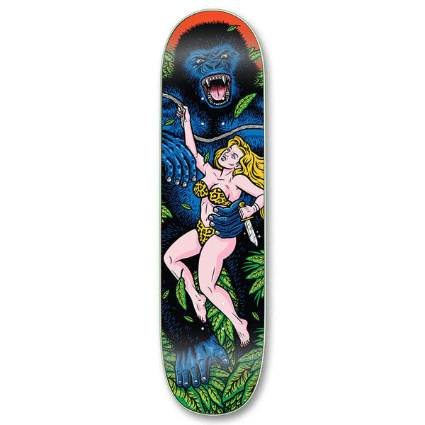 Graphic STRANGELOVE APE skateboard deck featuring an illustration of a mythical woman with a gorilla and tropical foliage.