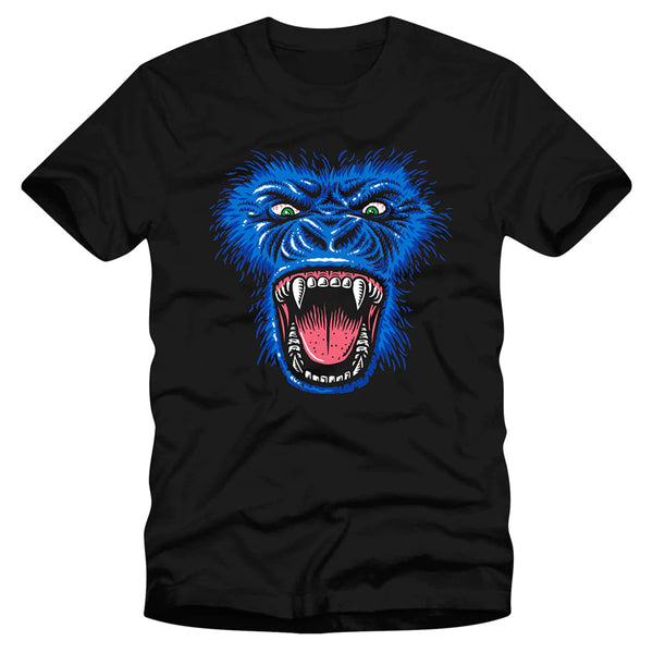 STRANGELOVE black t-shirt with a graphic print of a blue snarling gorilla face and the phrase "STRANGE LOVE" beneath it.