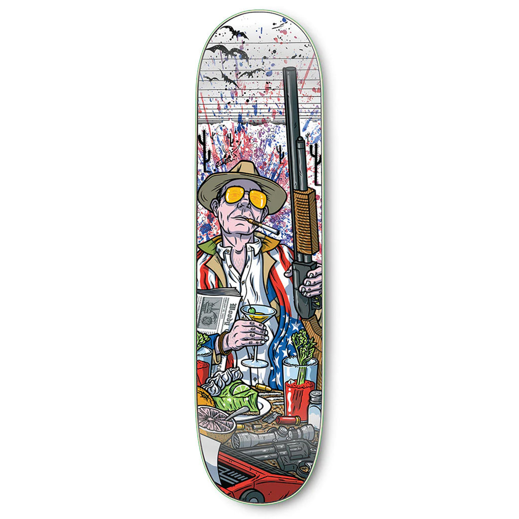 A STRANGELOVE LAST BREAKFAST skateboard deck featuring an image of a man holding a gun.