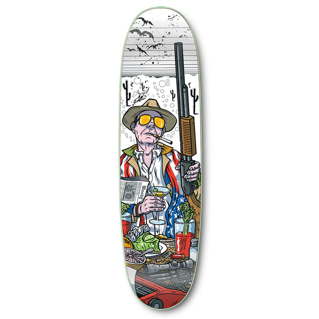 A STRANGE LOVE LAST BREAKFAST HAND SCREENED skateboard featuring a HAND SCREENED image of a man holding a gun.
