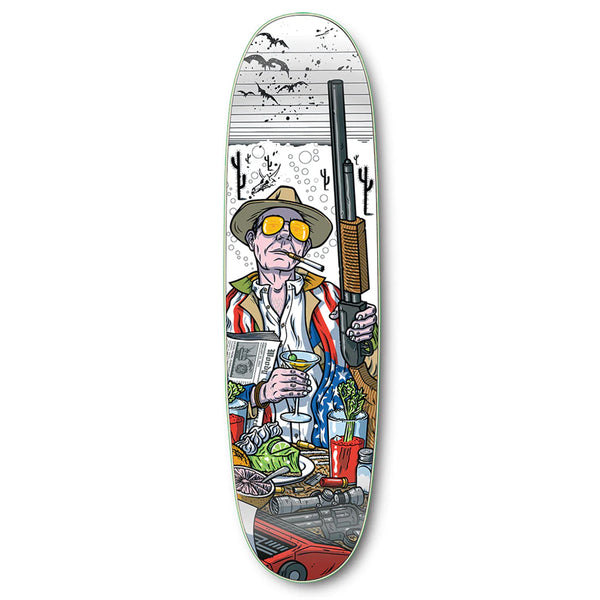 A STRANGE LOVE LAST BREAKFAST HAND SCREENED skateboard featuring a HAND SCREENED image of a man holding a gun.