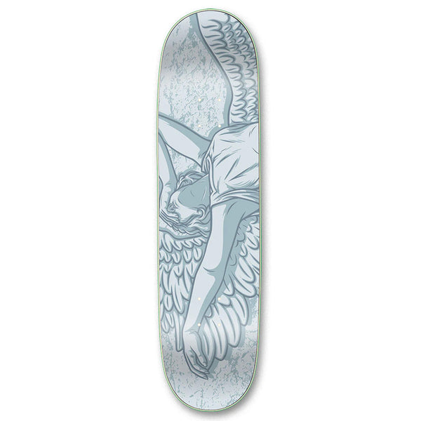 A STRANGELOVE skateboard, featuring Skateboard Art by Todd Bratrud, showcases an illustrated design of an angelic figure on the underside.