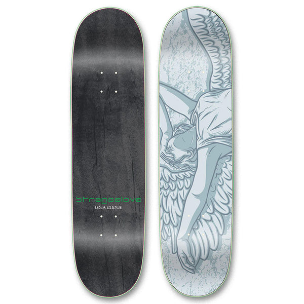 Two STRANGE LOVE LOVE WILL TEAR US APART skateboard decks side by side, one with a black top and logo, the other with an Alien Amour Skateboard graphic of a winged creature on the bottom.