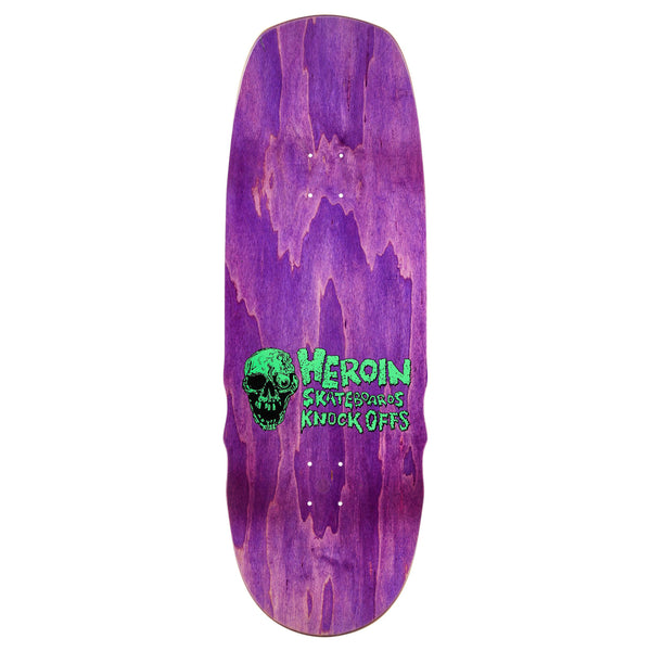 The HEROIN SWAMPY KNOCK OFF skateboard deck by HEROIN features a green skull and "Heroin Skateboards Knock Offs" on a bold purple 10.6" deck, crafted from 7 ply North American maple.