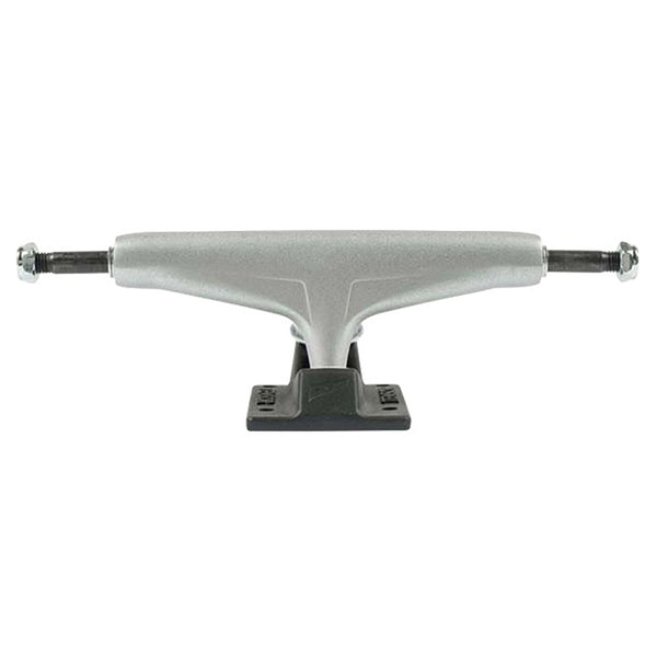 The ollie's TENSOR MAG-LIGHT REFLECT 5.25 SILVER/BLACK skateboard trucks (set of two) feature a silver magnesium hanger, black baseplate, and hollow kingpins, shown front-facing against a white background.