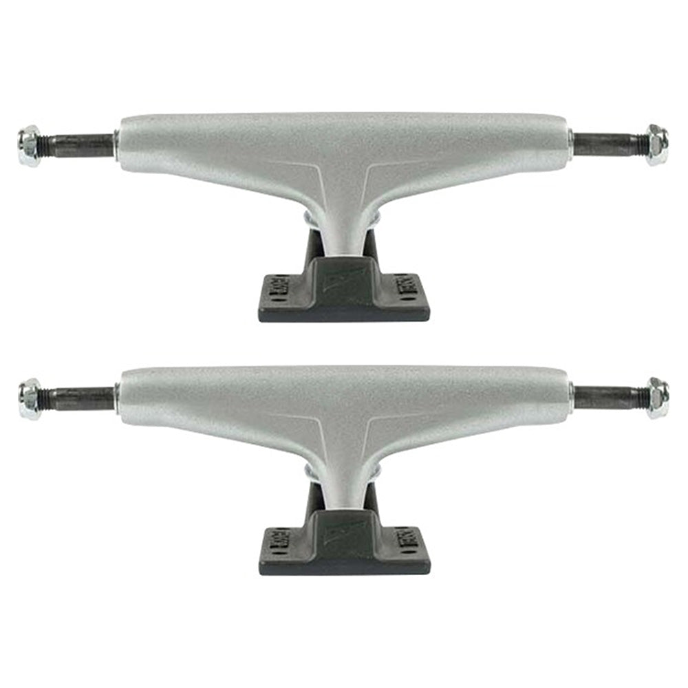 A set of two ollie's TENSOR MAG-LIGHT REFLECT 5.25 silver skateboard trucks with black baseplates and hollow kingpins are stacked vertically on a white background.