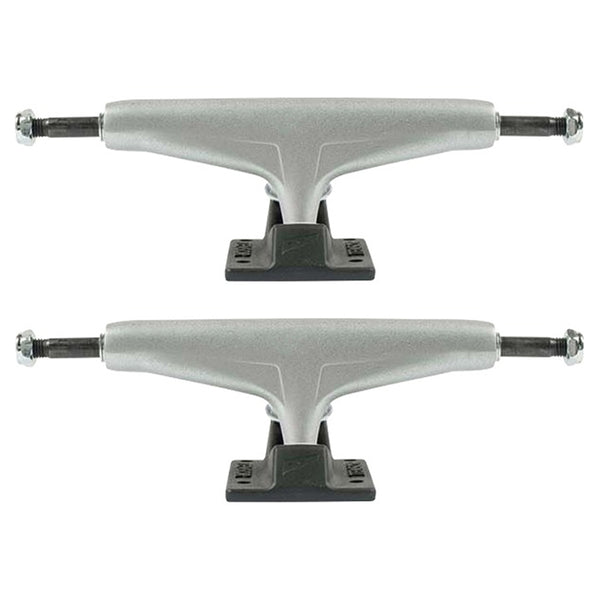 A set of two ollie's TENSOR MAG-LIGHT REFLECT 5.25 silver skateboard trucks with black baseplates and hollow kingpins are stacked vertically on a white background.