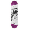 The TEST BEHOLDER 3 SQUARE SHAPE skateboard deck features a purple and white design with a bold black and white woman's face illustration beneath. A subtle logo adds flair, while tan brown accents complete its chic, distinctive look.