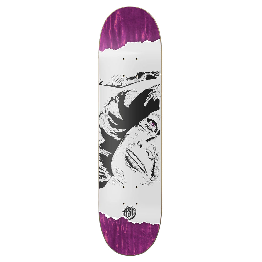 The TEST BEHOLDER 3 SQUARE SHAPE skateboard deck features a purple and white design with a bold black and white woman's face illustration beneath. A subtle logo adds flair, while tan brown accents complete its chic, distinctive look.