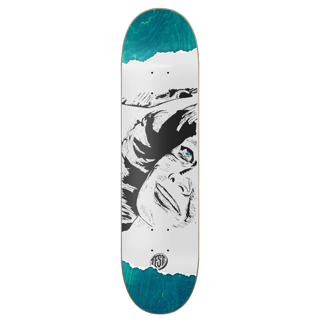 The TEST BEHOLDER 3 skateboard deck by TEST features a full shape design with blue and white sections, highlighted by a black and white illustration of a contemplative face.