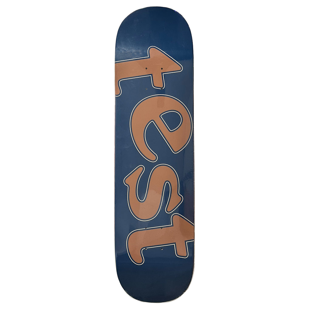 A TEST skateboard with the word TEST on it.