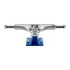 The THUNDER TRUCKS HOLLOW LIGHTS BOXED BOLTS POLISHED 149 (SET OF TWO), featuring a silver design with a blue forged baseplate, exemplifies the durability and style that the Thunder brand is renowned for when viewed from the side.