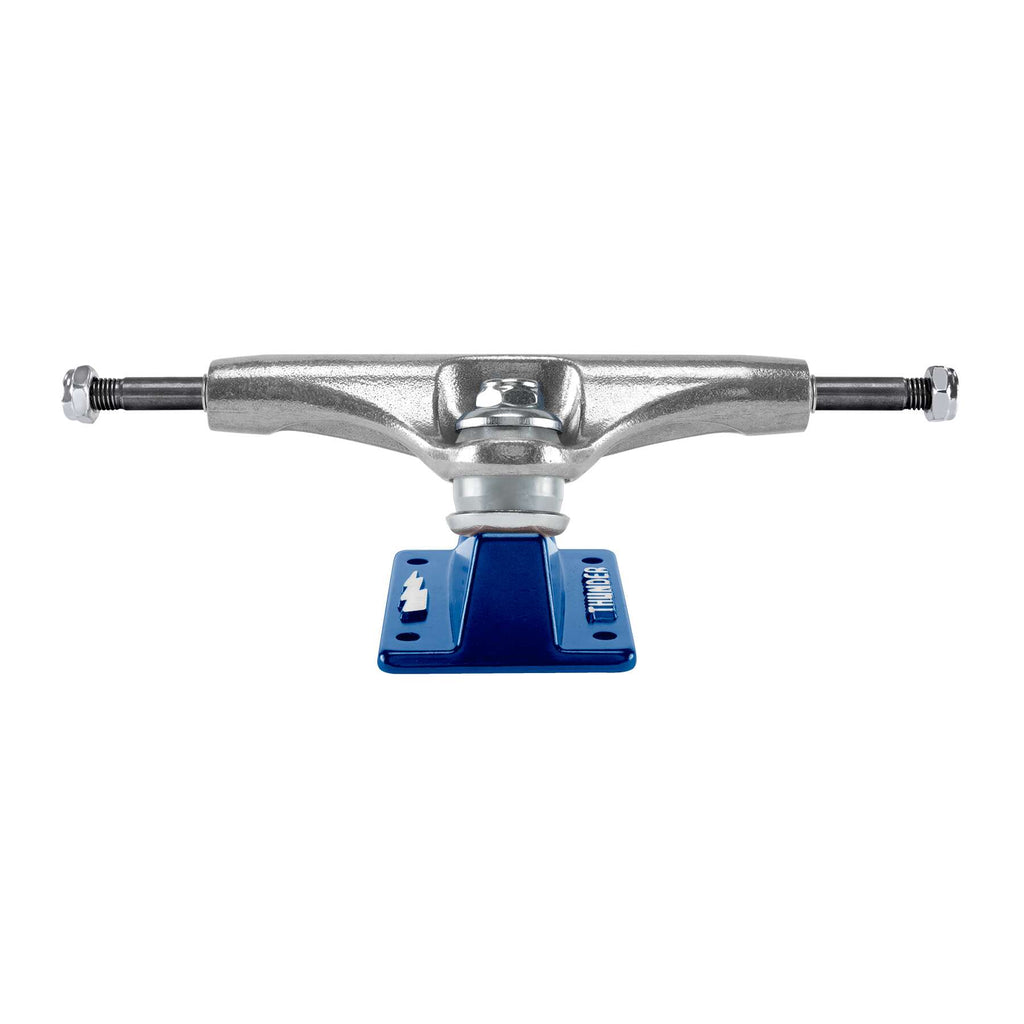 The THUNDER TRUCKS HOLLOW LIGHTS BOXED BOLTS POLISHED 149 (SET OF TWO), featuring a silver design with a blue forged baseplate, exemplifies the durability and style that the Thunder brand is renowned for when viewed from the side.