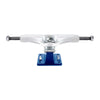 The THUNDER TRUCKS HOLLOW LIGHTS BOXED BOLTS POLISHED 148 (SET OF TWO) showcases a skateboard truck with a white hanger and an eye-catching blue baseplate, utilizing Thunder's famous Hollow Lights technology for improved performance, all presented on a pristine white backdrop.