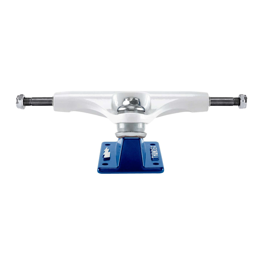 The THUNDER TRUCKS HOLLOW LIGHTS BOXED BOLTS POLISHED 148 (SET OF TWO) showcases a skateboard truck with a white hanger and an eye-catching blue baseplate, utilizing Thunder's famous Hollow Lights technology for improved performance, all presented on a pristine white backdrop.