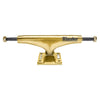 The THUNDER TRUCKS TEAM HOLLOW GILDED GOLD 148 (SET OF TWO) from Thunder features a stunning gold color with a black logo, two bolt holes, red bushings, and a durable aluminum base plate, showcasing its Team Edition quality.