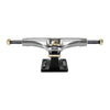 Close-up of a Thunder Trucks Team Hollow Gilded Polished 149 skateboard truck featuring a silver body, black baseplate, and gold-colored bolts on either end. The hollow kingpin design enhances its lightweight construction.