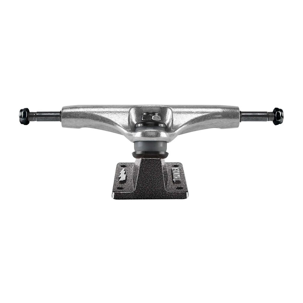 The THUNDER TRUCKS NICK MICHEL EMBLEM 149, a pro model skateboard truck from Thunder, showcases a sleek silver hanger paired with a robust black baseplate, offering a stylish front view.