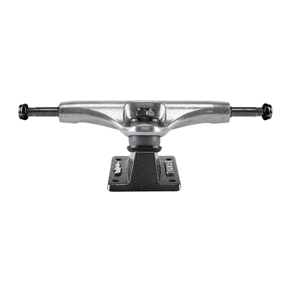 The THUNDER TRUCKS NICK MICHEL EMBLEM 149, a pro model skateboard truck from Thunder, showcases a sleek silver hanger paired with a robust black baseplate, offering a stylish front view.