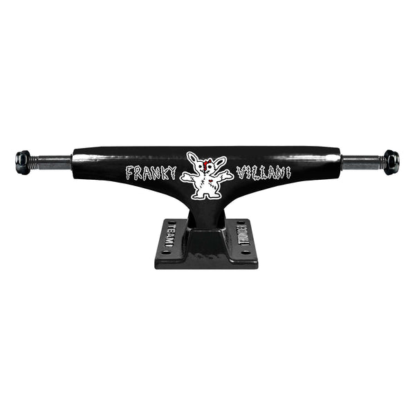 The THUNDER TRUCKS VILLANI TO PIECES PRO EDITIONS 147 (SET OF TWO) by THUNDER feature a black skateboard truck with "Franky Villani" written on the hanger and a white cartoon rabbit graphic. These trucks are enhanced with THUNDER's Hollow Axle and Hollow Kingpin for lightweight performance.