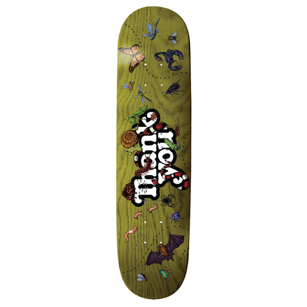 Graphic skateboard deck featuring colorful artwork with insects, flowers, and decorative motifs, complete with the "THANK YOU" logo.