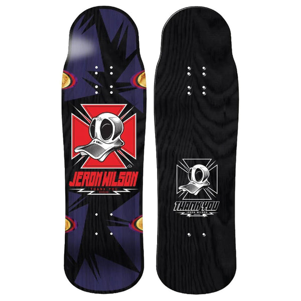 A black THANK YOU skateboard with a red and blue design on it.