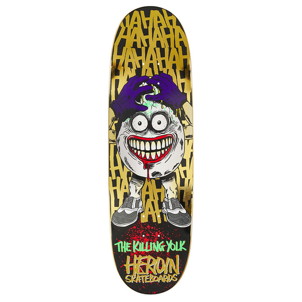 The HEROIN KILLING YOLK SYMMETRICAL EGG skateboard deck features bold graphic text, a cartoonish grinning face with purple gloves and sneakers. Crafted from Hard Rock Maple by HEROIN, this design channels the allegory of fear.