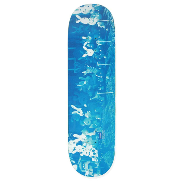 A THEORIES skateboard deck with a graphic design featuring lighter blue floral patterns and theories surrounding the lost Moai, size 8.125.
