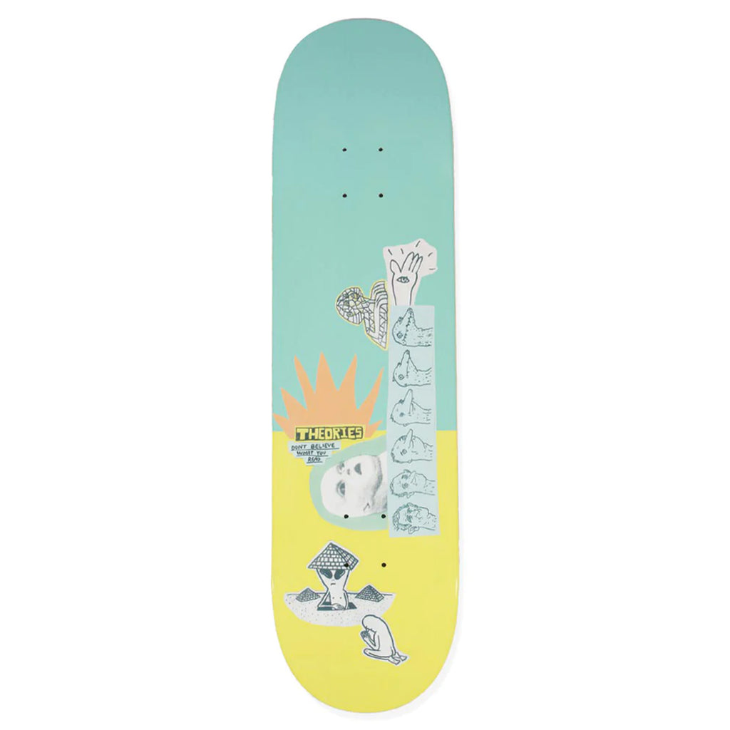 A graphic skateboard deck with a pastel blue background and an eclectic design featuring faces, hands, and assorted illustrations inspired by THEORIES EXCAVATOR.