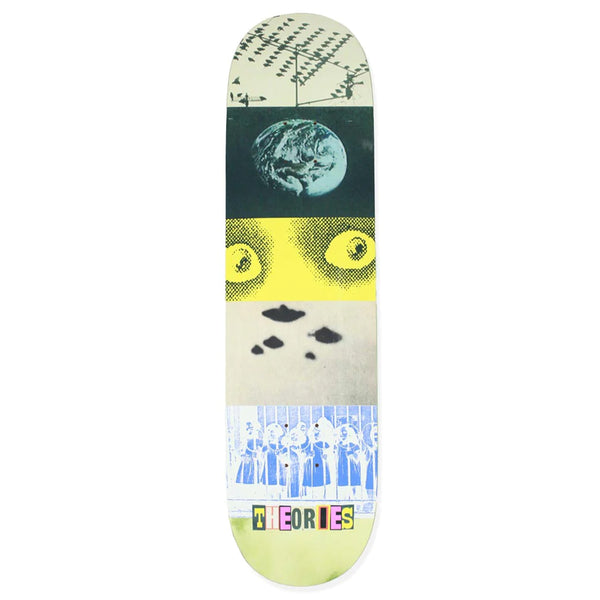 Graphic skateboard deck featuring a collage of images including earth, eyes, and humanoid figures, with the word "THEORIES INVASION" at the bottom. Art by Connor Noll.