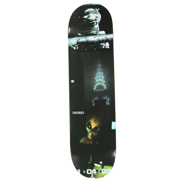 A THEORIES skateboard deck featuring a graphic design with a dark background, a shadowy figure, and urban elements, with the word "JUPITER" at the bottom.