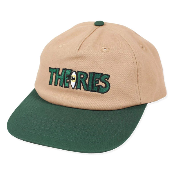 A THEORIES snapback cap with "theories" embroidered on the front.