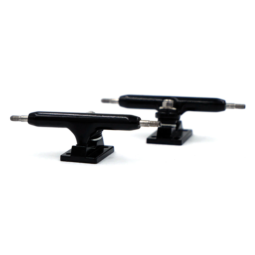 Two SLUSHCULT THOSE TRUCKS V.2 34MM Fingerboard Trucks in black are displayed on a white background, with one truck slightly behind the other.