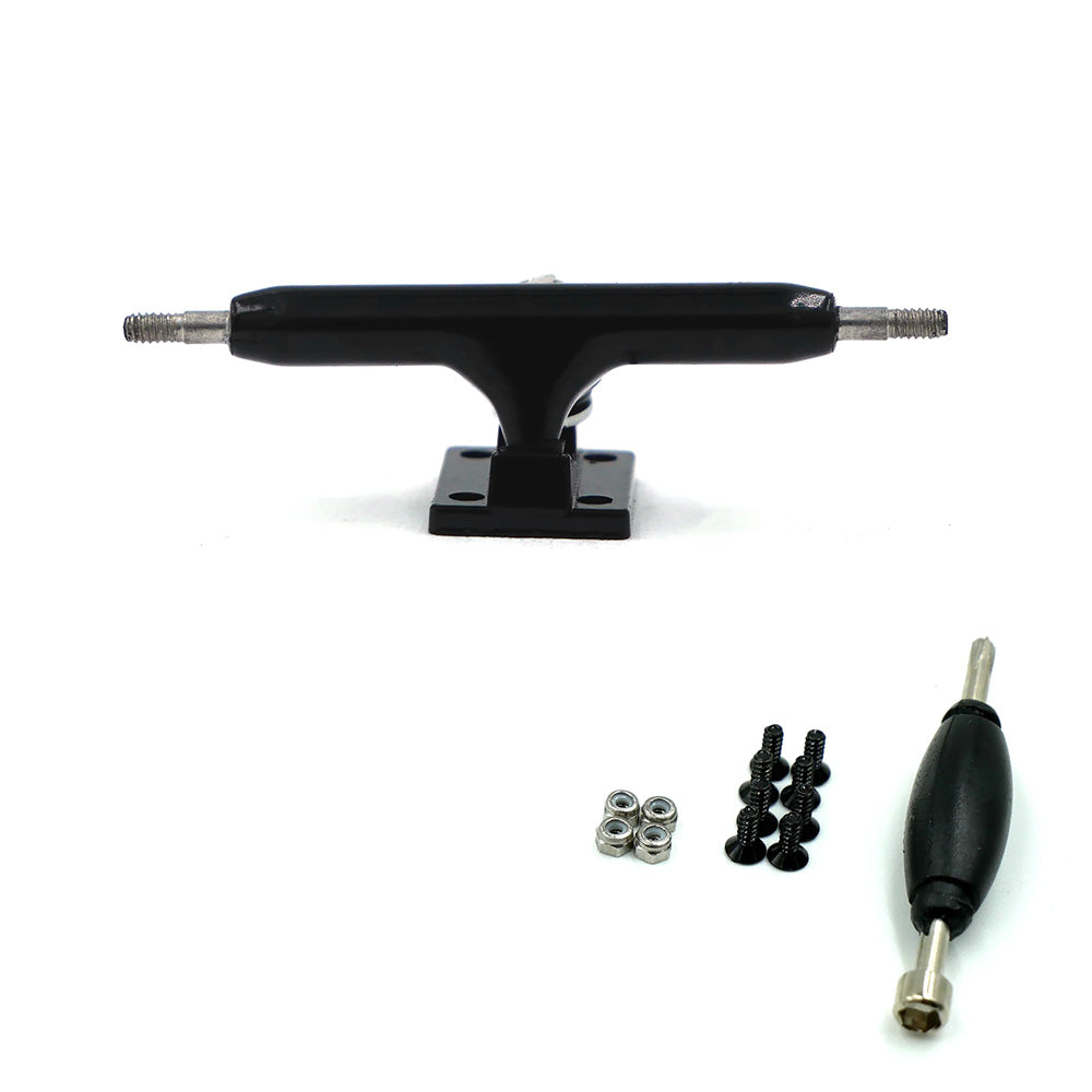 The SLUSHCULT THOSE TRUCKS V.2 34MM Fingerboard Trucks Black come with mounting hardware—four lock nuts, eight screws—and a black skate tool, all displayed on a white background.