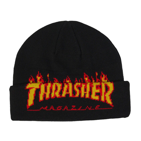 The THRASHER FLAME BEANIE BLACK showcases the iconic Thrasher Magazine logo with a striking red and yellow flame design.