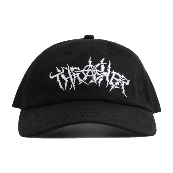 A black THRASHER THORNS OLD TIMER HAT BLACK with a white THRASHER logo on it.