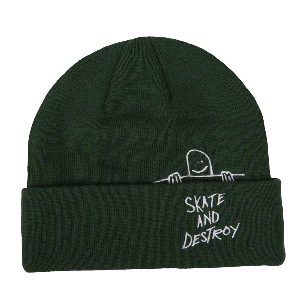 The THRASHER GONZ SAD BEANIE in Forest Green showcases a simple design with a smiling figure and "Skate and Destroy" text, inspired by Thrasher style for warmth with an attitude.