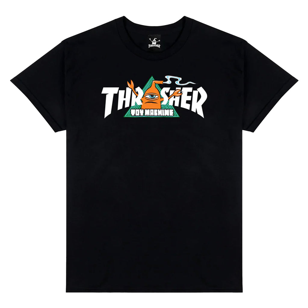 The THRASHER X TOY MACHINE VORTEX TEE in black features a Thrasher logo with an orange cartoon character, white and green lettering, ideal for skateboard and antihero style lovers.